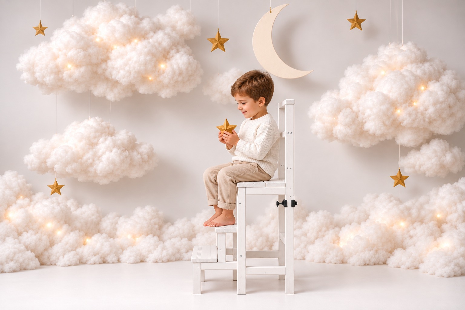 Prova del set Christmas Stars and Clouds: bambino sulla scaletta tra nuvole, luna e stelle