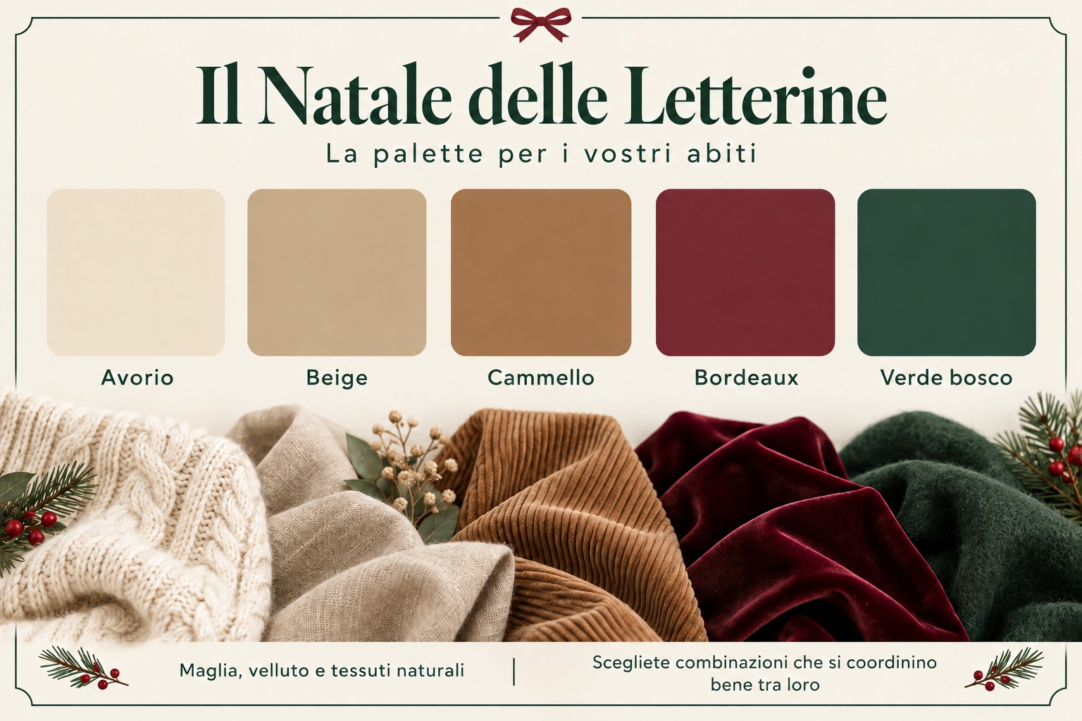 Palette outfit Letterine: avorio, beige, cammello, bordeaux e verde bosco